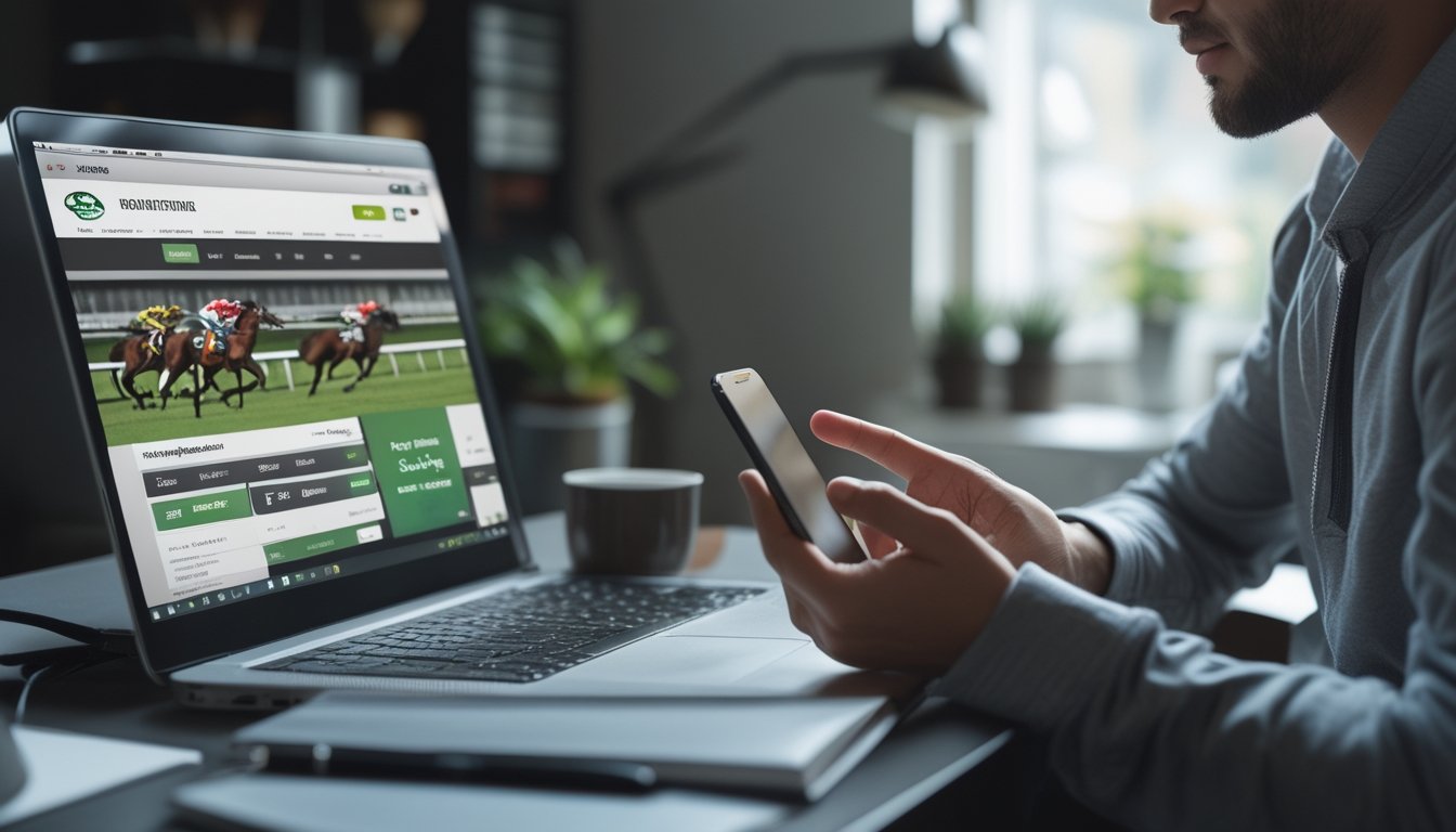 Seseorang sedang mendaftar di platform judi balap kuda online menggunakan laptop dan ponsel di meja kerja.