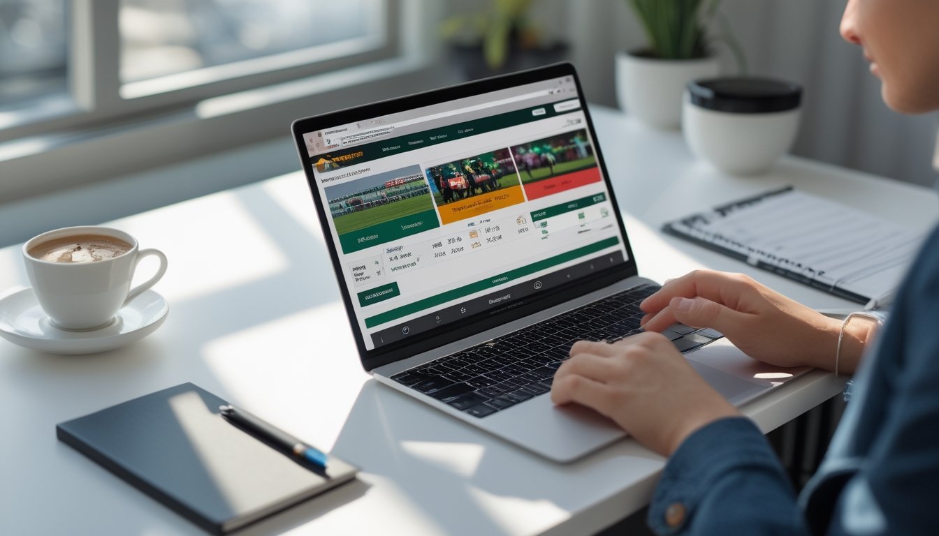 Seorang pengguna sedang menggunakan laptop dan ponsel untuk memasang taruhan balap kuda online di meja kerja yang rapi.