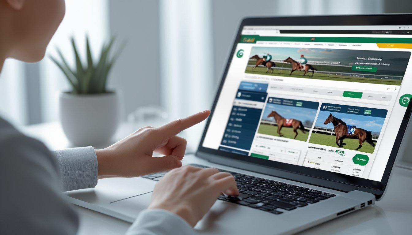 Seseorang menggunakan laptop untuk mengikuti tutorial taruhan balap kuda online di meja kerja yang rapi.