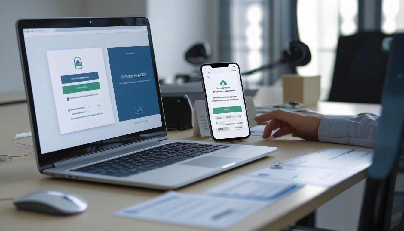 Meja kerja modern dengan laptop, ponsel, dan dokumen yang menunjukkan persiapan pembuatan akun online.