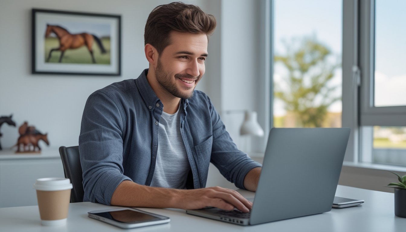 Seorang pria muda duduk di meja dengan laptop, terlihat fokus dan santai, di latar belakang terdapat elemen yang berhubungan dengan balap kuda.