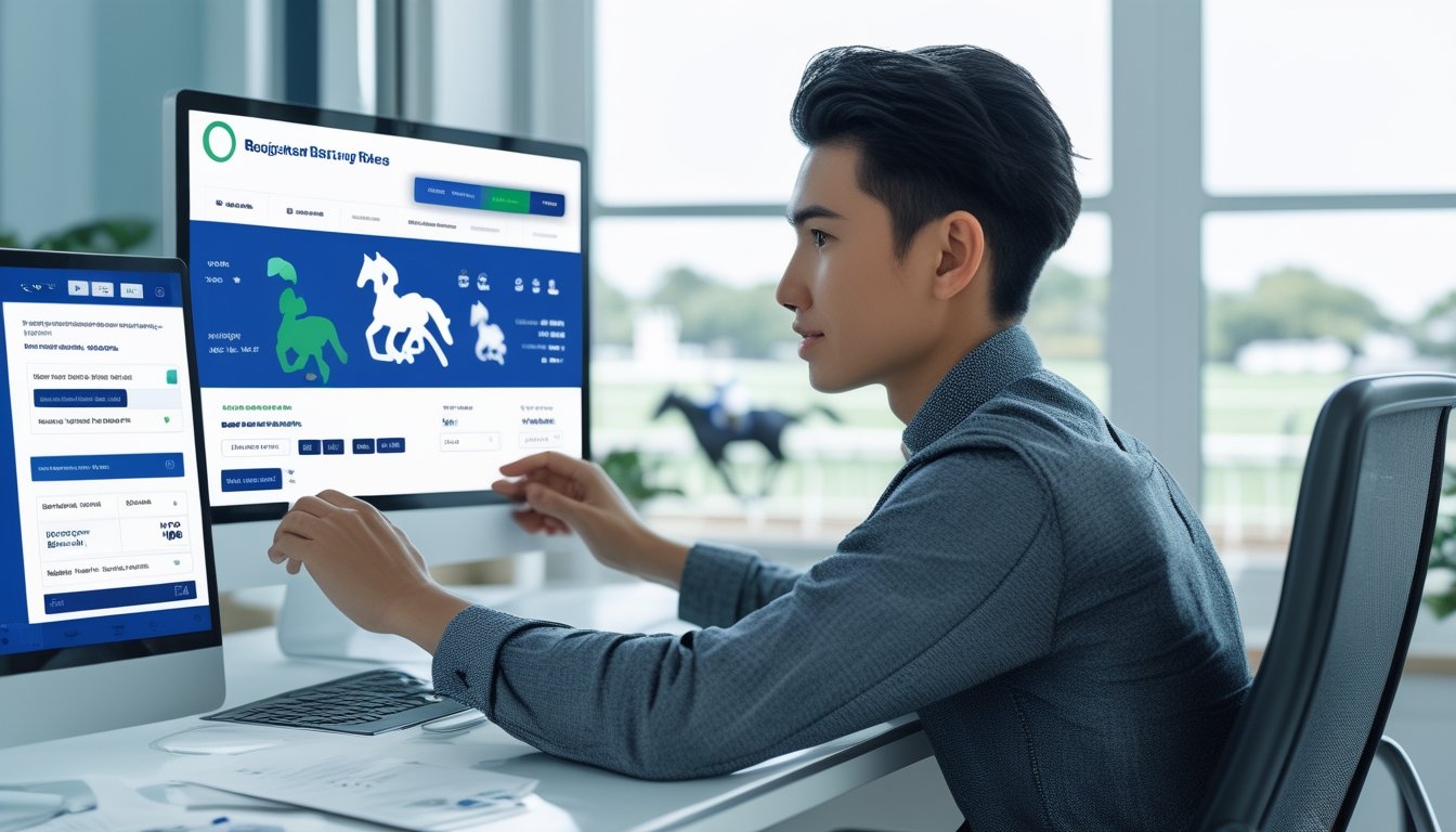 Seorang dewasa muda sedang menggunakan laptop di meja modern dengan latar belakang elemen balap kuda dan suasana terang yang menunjukkan proses pendaftaran di platform judi balap kuda.