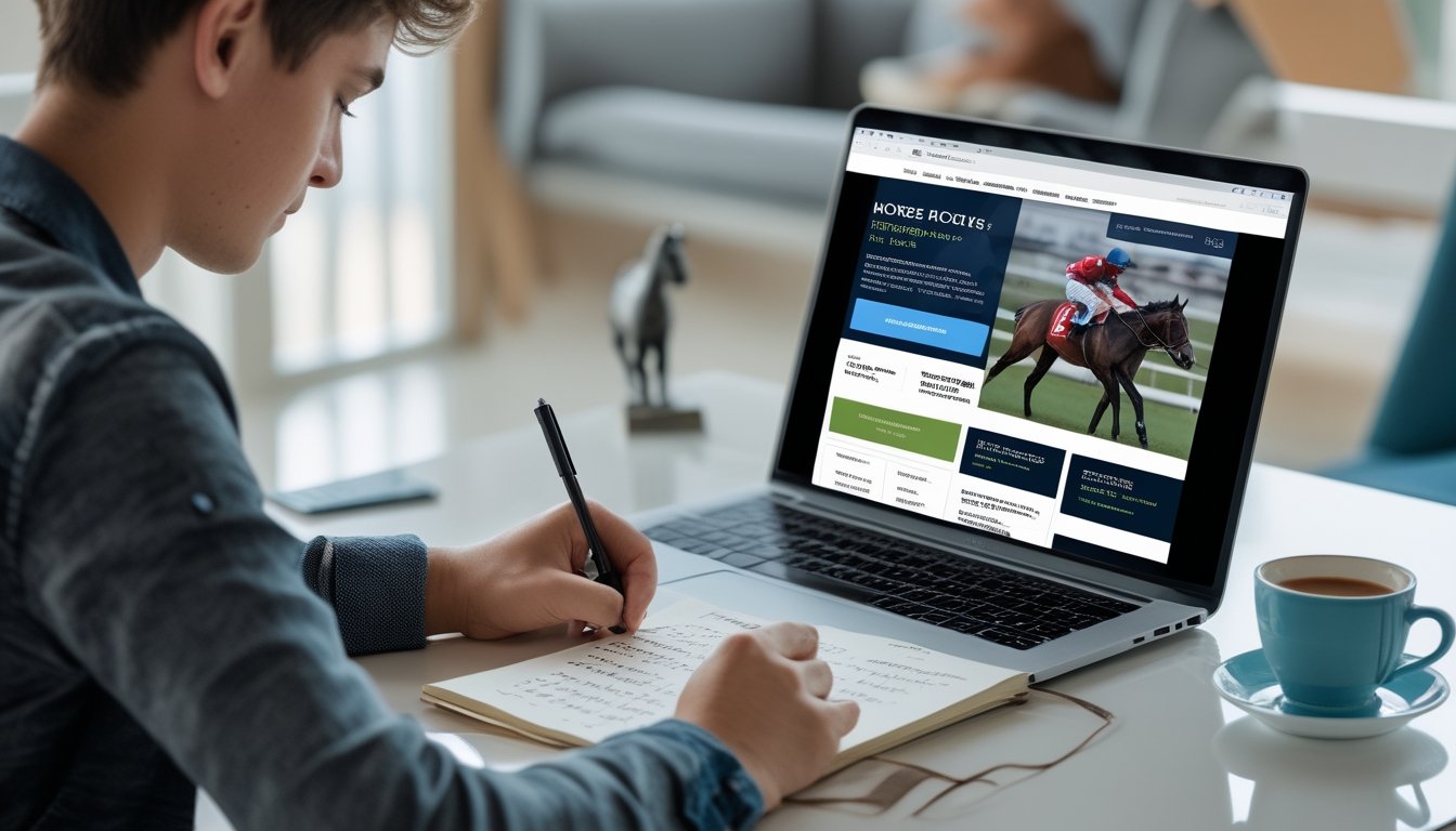 Seorang pemuda sedang belajar mendaftar judi balap kuda secara online di depan laptop dengan catatan dan suasana yang mendukung pembelajaran.