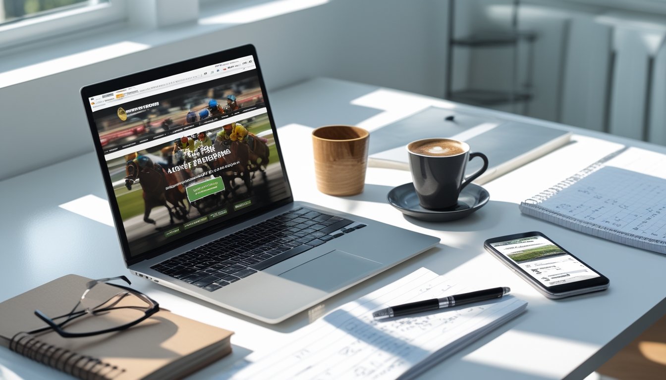 Meja kerja dengan laptop, buku catatan, smartphone, dan secangkir kopi yang siap untuk mendaftar judi balap kuda.