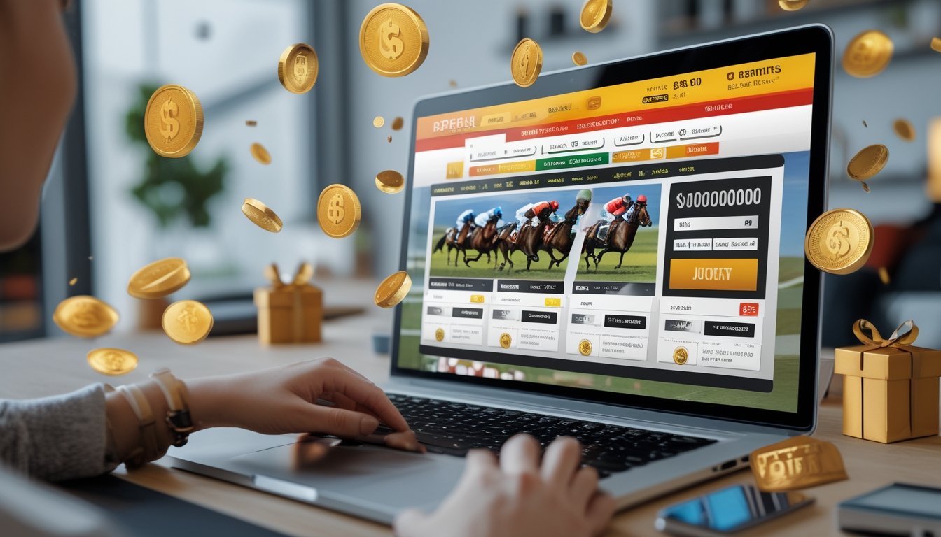 Seseorang menggunakan komputer dengan tampilan situs taruhan balap kuda online, dengan koin emas dan hadiah di sekitar layar.