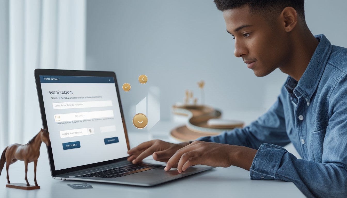 Seseorang menggunakan laptop di meja yang rapi dengan miniatur kuda dan simbol promosi di sekitar, menggambarkan proses pendaftaran dan verifikasi akun judi balap kuda online.