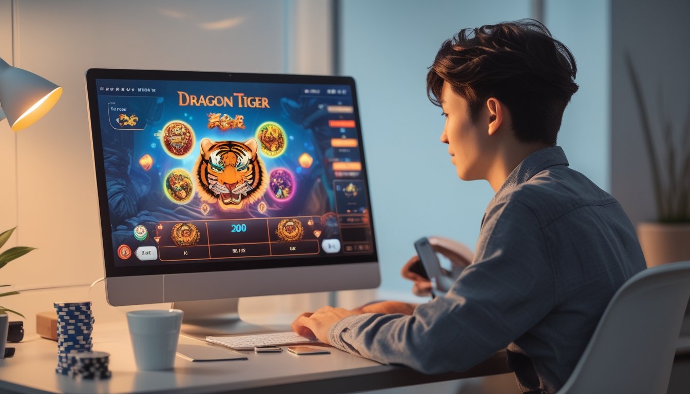 Seorang pemuda duduk di depan komputer yang menampilkan permainan Dragon Tiger online, dengan suasana ruangan yang nyaman dan pencahayaan hangat.