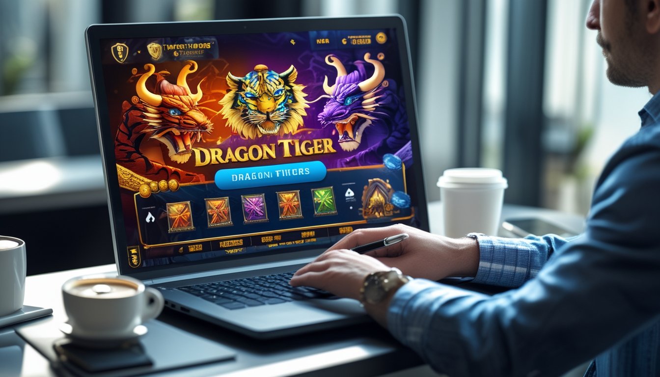 Seorang pria sedang duduk di depan laptop yang menampilkan permainan Dragon Tiger online dengan catatan strategi di tangan.