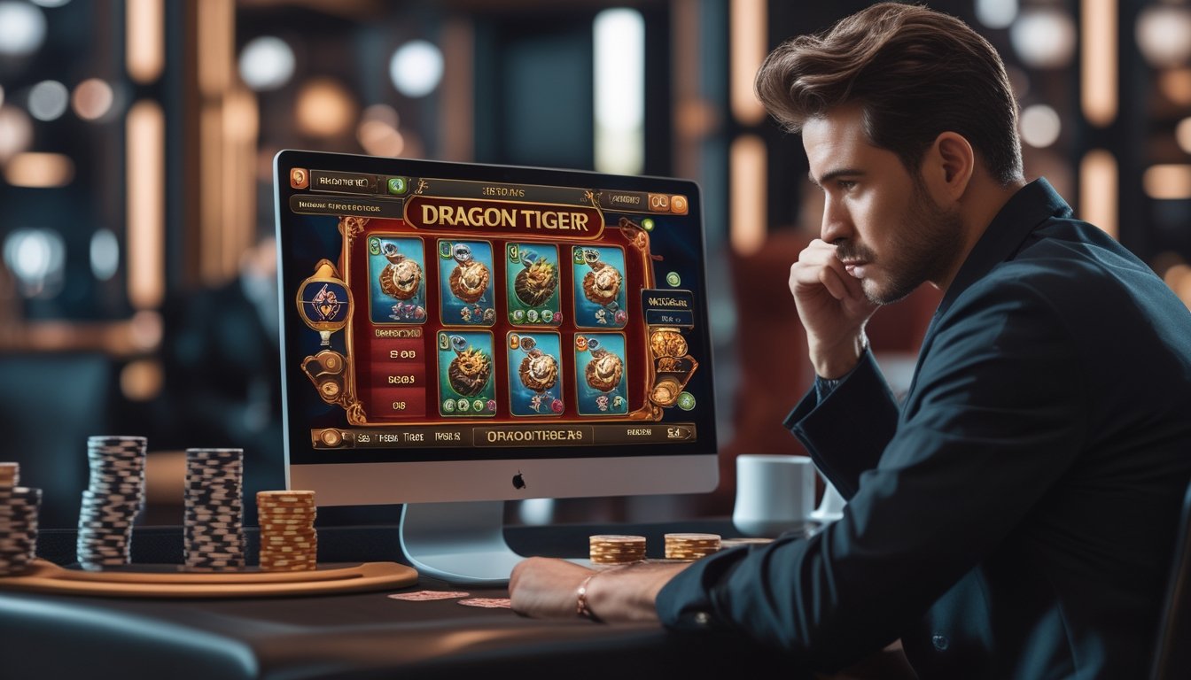 Seorang pemain sedang bermain permainan kartu Dragon Tiger secara online di depan komputer dengan suasana ruangan yang terang dan profesional.