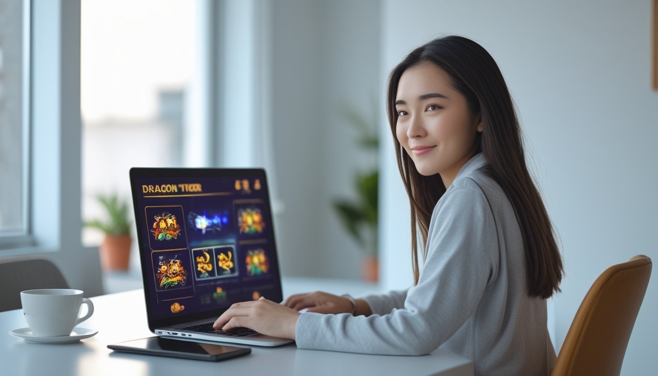 Seorang wanita muda duduk di depan laptop di meja modern, bermain permainan online Dragon Tiger dengan suasana nyaman dan aman.