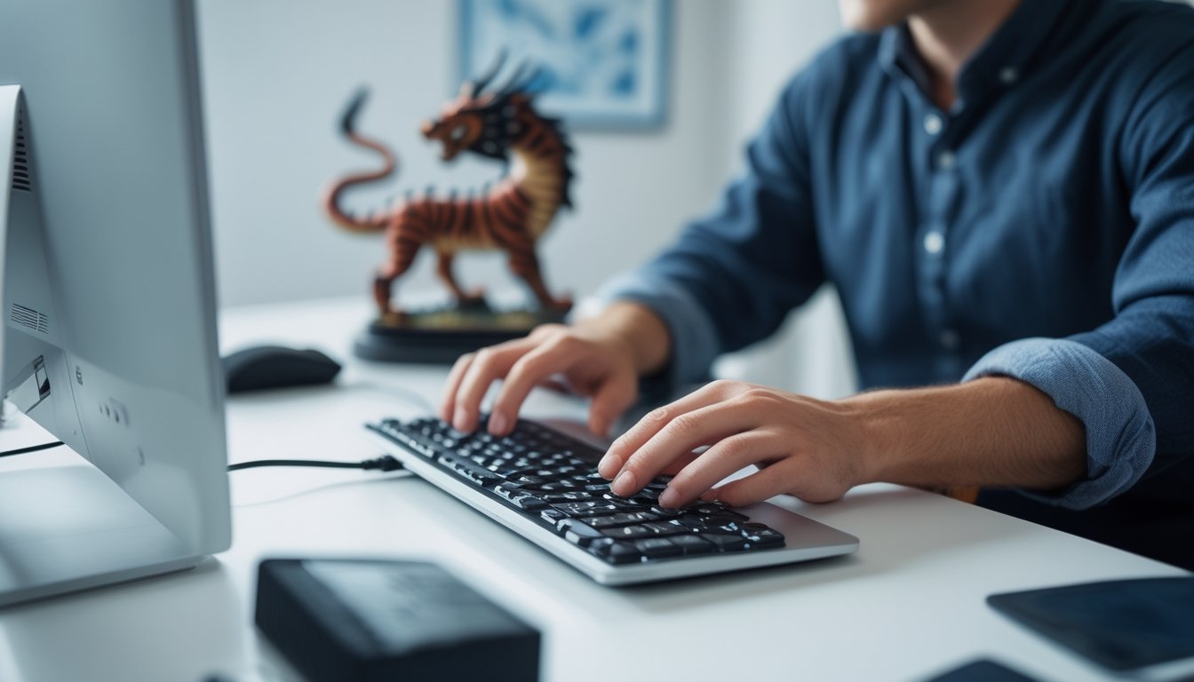 Seseorang sedang mendaftar akun di situs Live Dragon Tiger menggunakan komputer di meja yang rapi.