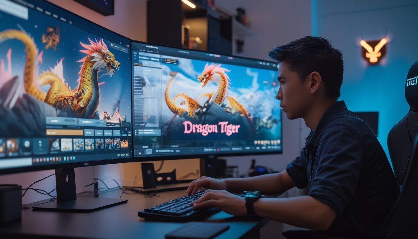 Seseorang sedang bermain permainan Dragon Tiger secara online di depan komputer dengan tampilan layar permainan yang jelas.