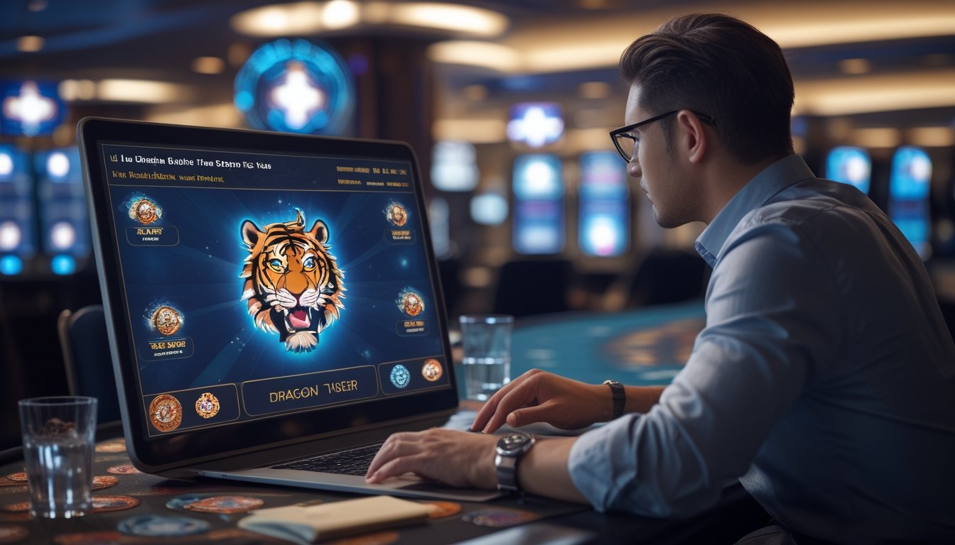 Seorang pemain sedang menggunakan laptop untuk bermain Dragon Tiger online di lingkungan kasino dengan suasana fokus dan strategis.