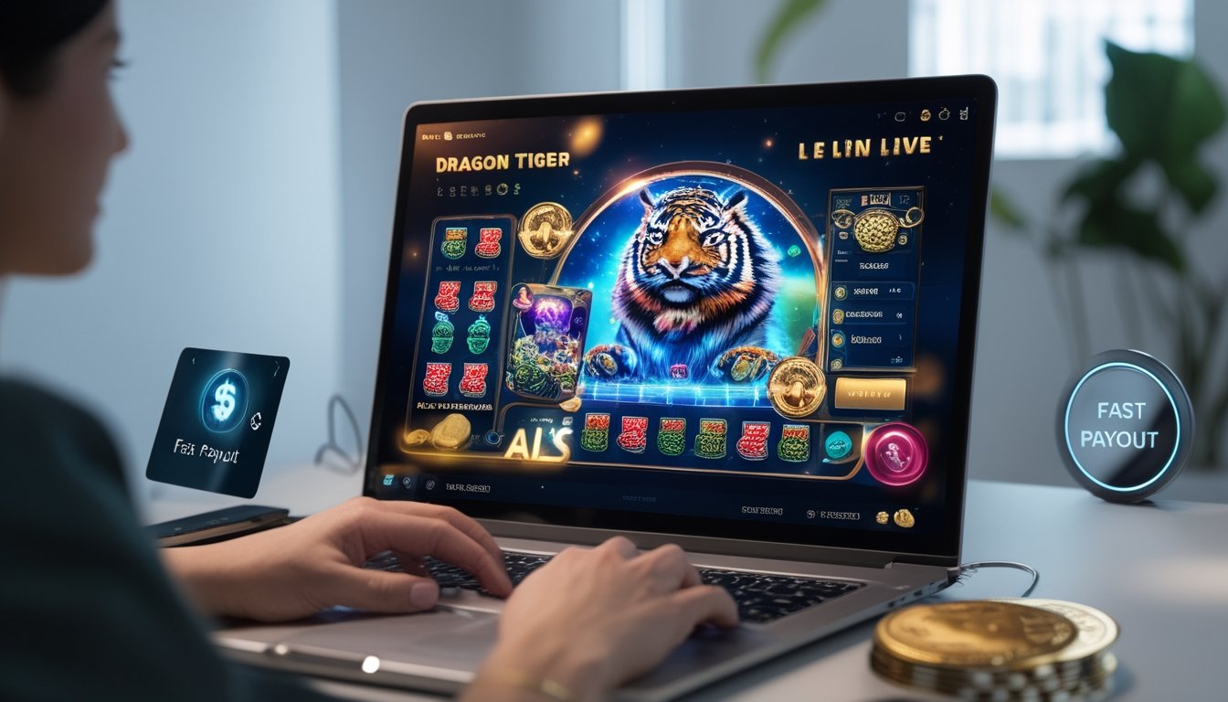 Seseorang menggunakan laptop dengan permainan Dragon Tiger online di layar, dikelilingi oleh simbol pembayaran cepat dan suasana modern.