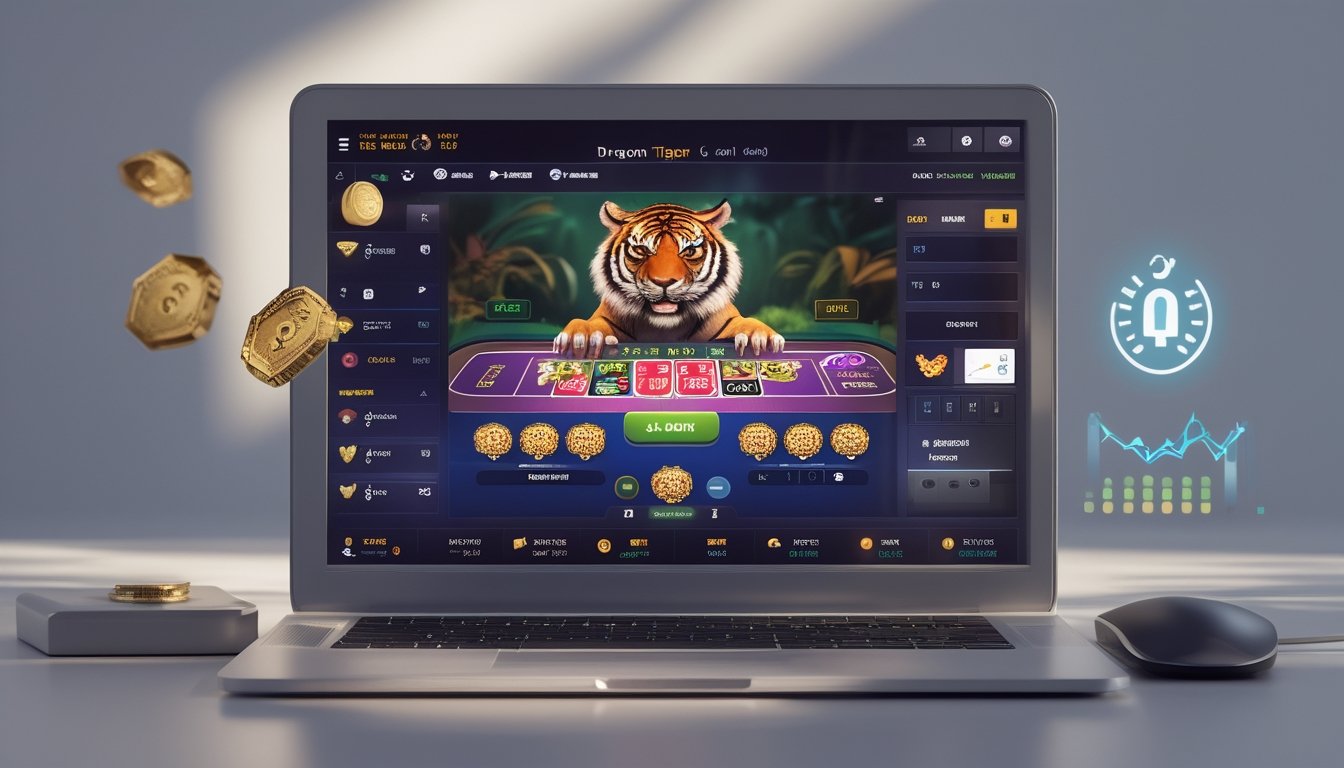 Sebuah komputer menampilkan permainan Dragon Tiger online dengan kartu dan opsi taruhan, dikelilingi oleh simbol keamanan dan transaksi cepat.