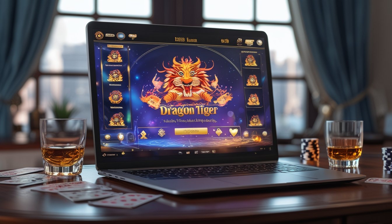 Sebuah meja dengan laptop yang menampilkan permainan kartu Dragon Tiger online, dikelilingi oleh kartu remi dan chip kasino.
