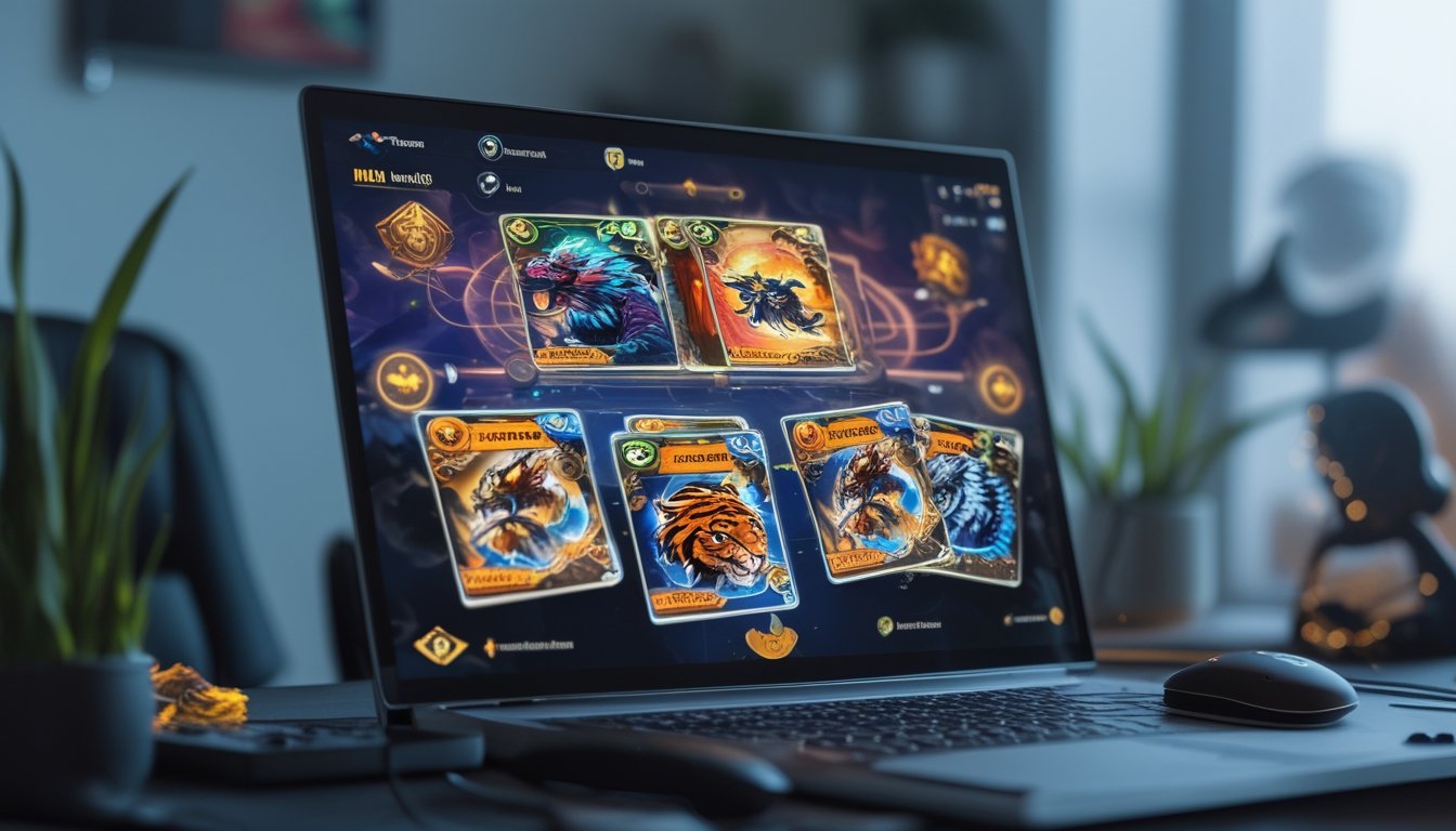 Sebuah meja dengan komputer yang menampilkan permainan kartu Dragon Tiger secara online dengan suasana nyaman dan pencahayaan lembut.