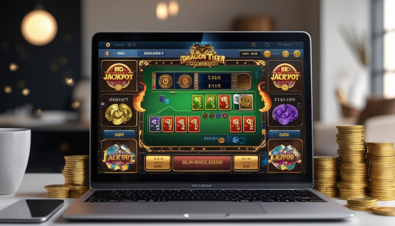 Sebuah komputer modern menampilkan permainan kartu Dragon Tiger online dengan tumpukan chip kasino dan koin emas di meja yang rapi.