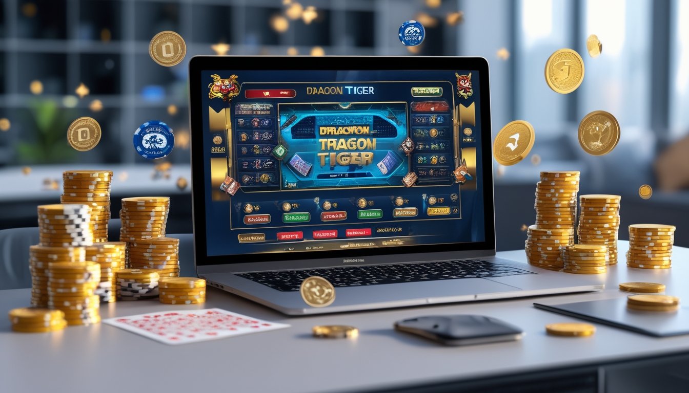 Sebuah meja kerja dengan komputer menampilkan permainan Dragon Tiger online, dikelilingi oleh tumpukan chip poker dan kartu remi.