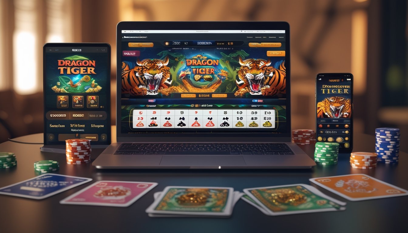 Seorang pemain sedang menggunakan laptop dengan tampilan permainan Dragon Tiger online, dikelilingi oleh chip poker dan kartu permainan.