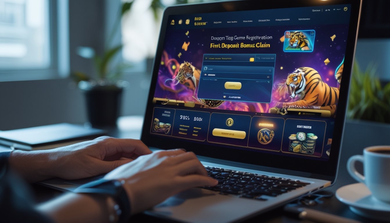 Seseorang menggunakan komputer dengan tampilan permainan Dragon Tiger online di layar, sedang mendaftar dan klaim bonus deposit pertama.