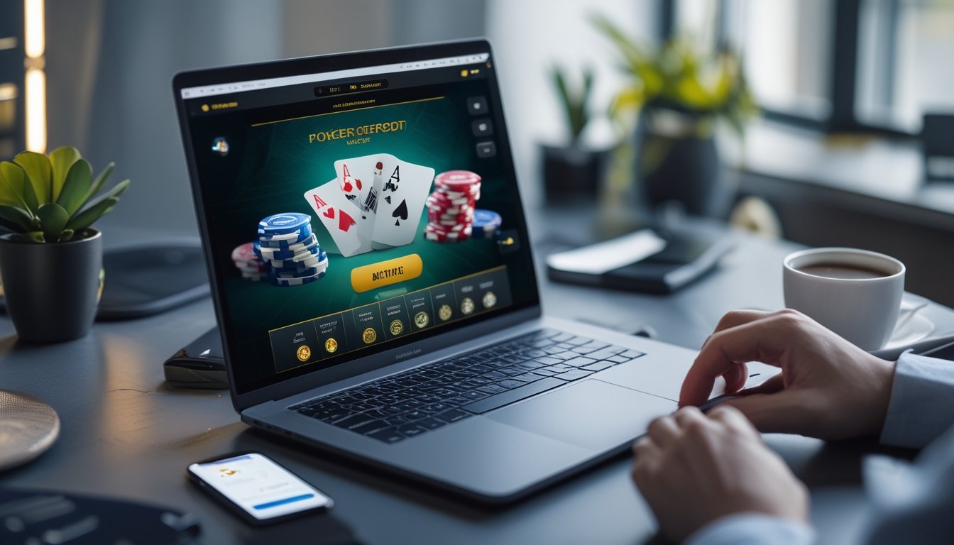 Seorang pria menggunakan laptop dan smartphone di meja kerja modern dengan suasana tenang dan peralatan poker online terlihat di layar.