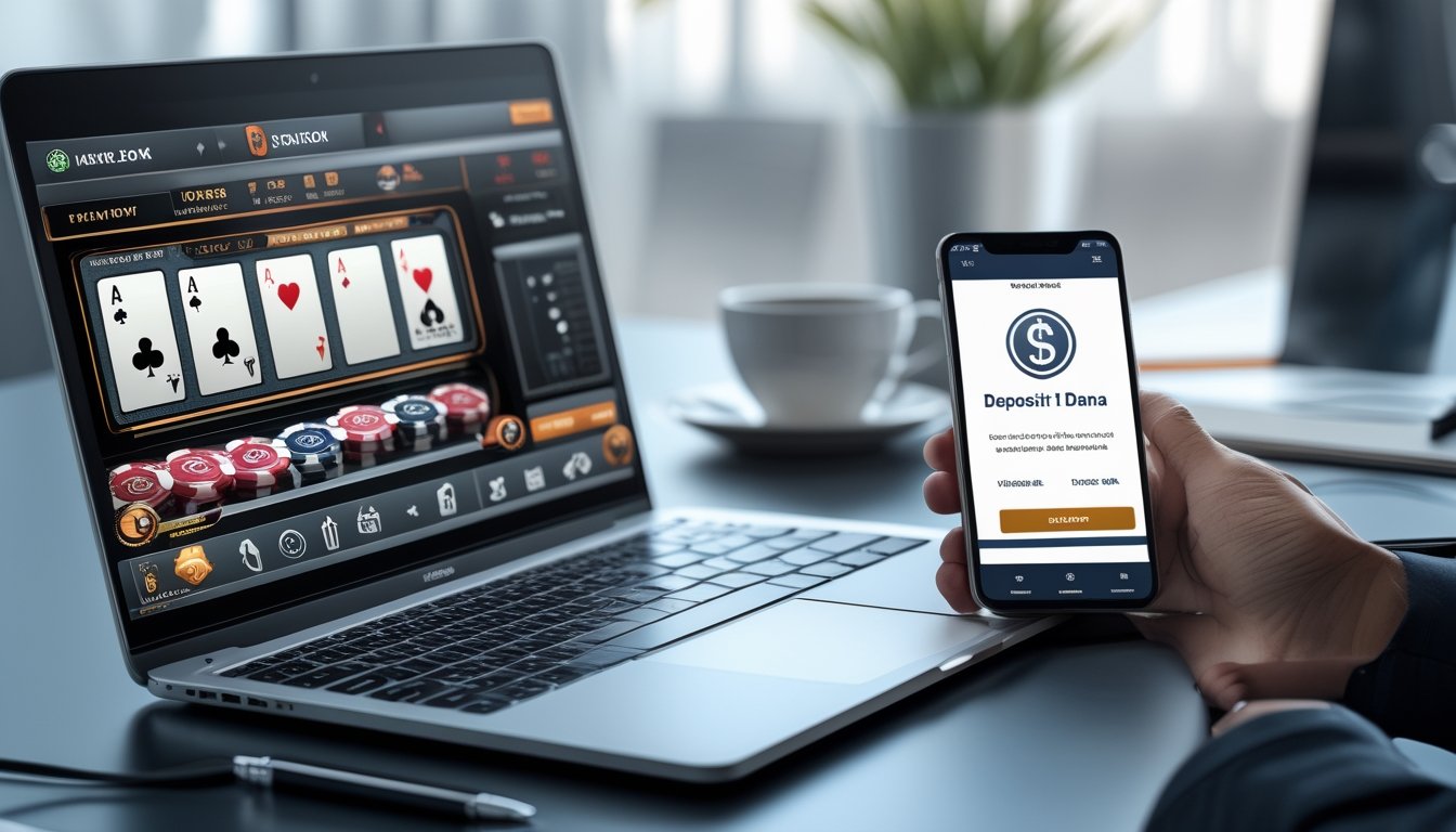 Seorang pria sedang menggunakan laptop dan ponsel di meja kerja dengan permainan poker dan aplikasi perbankan online yang terbuka.