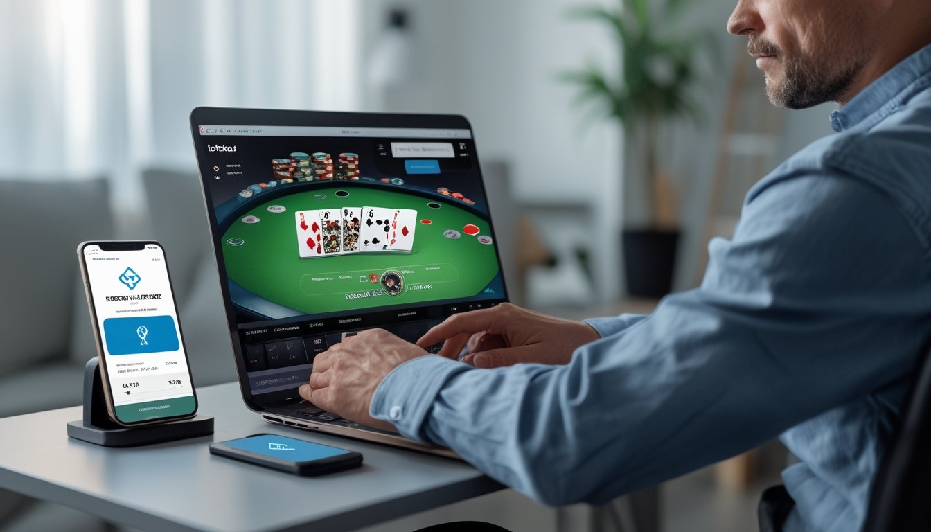 Seseorang menggunakan laptop dan smartphone untuk bermain poker online dan melakukan deposit dana dengan cepat dan aman di ruangan yang nyaman.