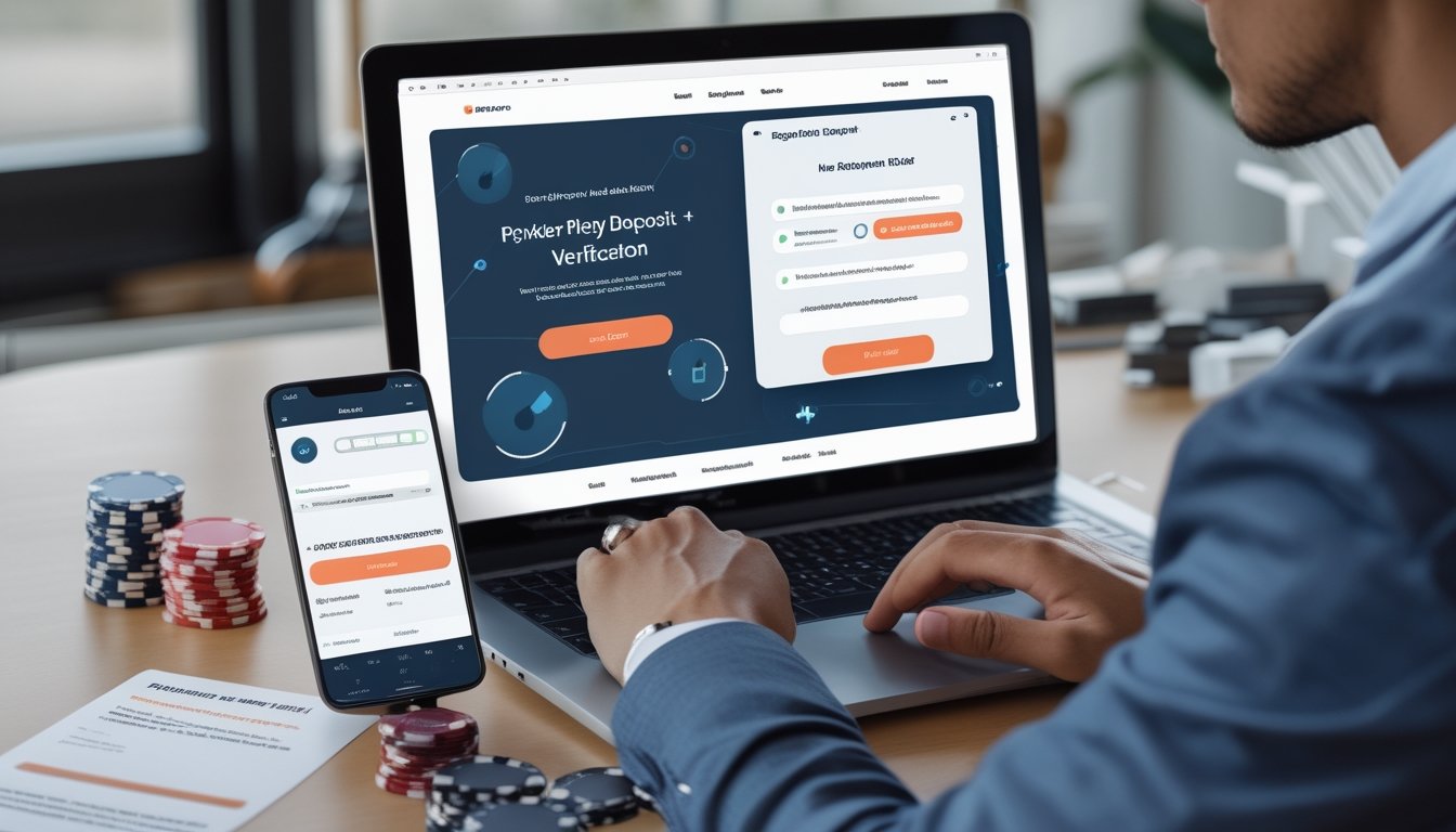 Seseorang menggunakan laptop dan smartphone untuk mendaftar dan melakukan deposit akun poker online dengan aman.