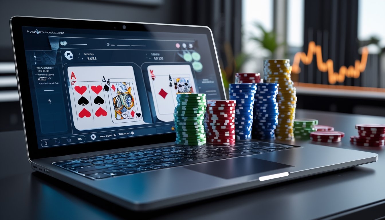 Seorang pemain poker online menggunakan komputer dengan chip poker dan kartu bermain di layar, menunjukkan transaksi deposit digital.