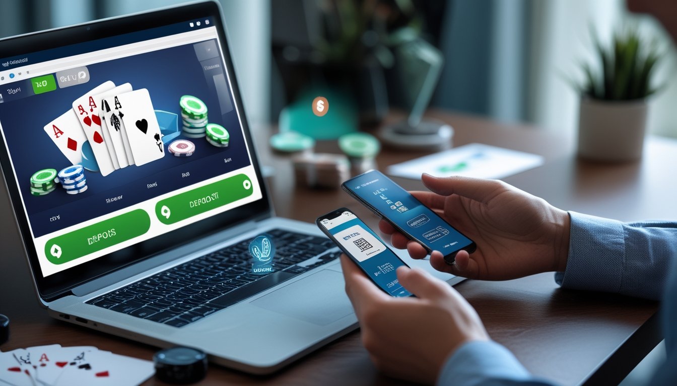 Seseorang menggunakan laptop dan ponsel untuk melakukan deposit dana dalam permainan poker online di meja kerja yang rapi.