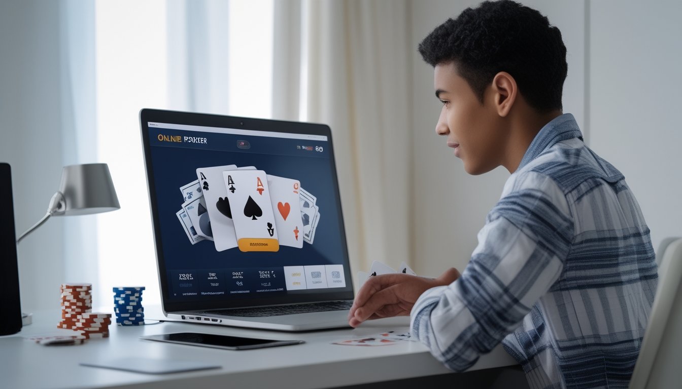 Seorang dewasa muda duduk di meja dengan laptop yang menampilkan permainan poker online, di dekatnya terdapat ponsel dan kartu kredit.