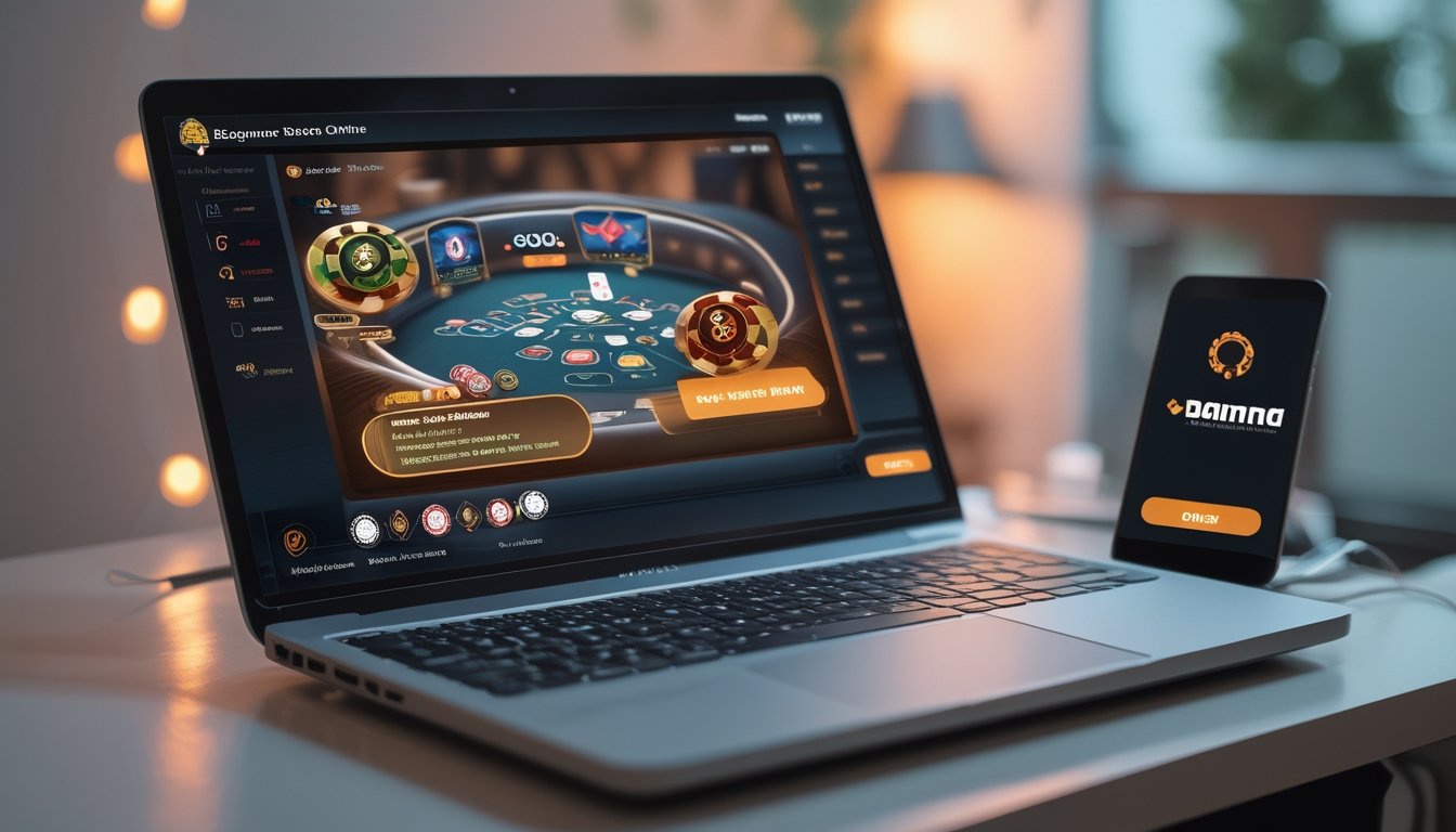 Seorang pemula bermain poker online di laptop dengan aplikasi pembayaran digital Dana di ponsel di sampingnya.