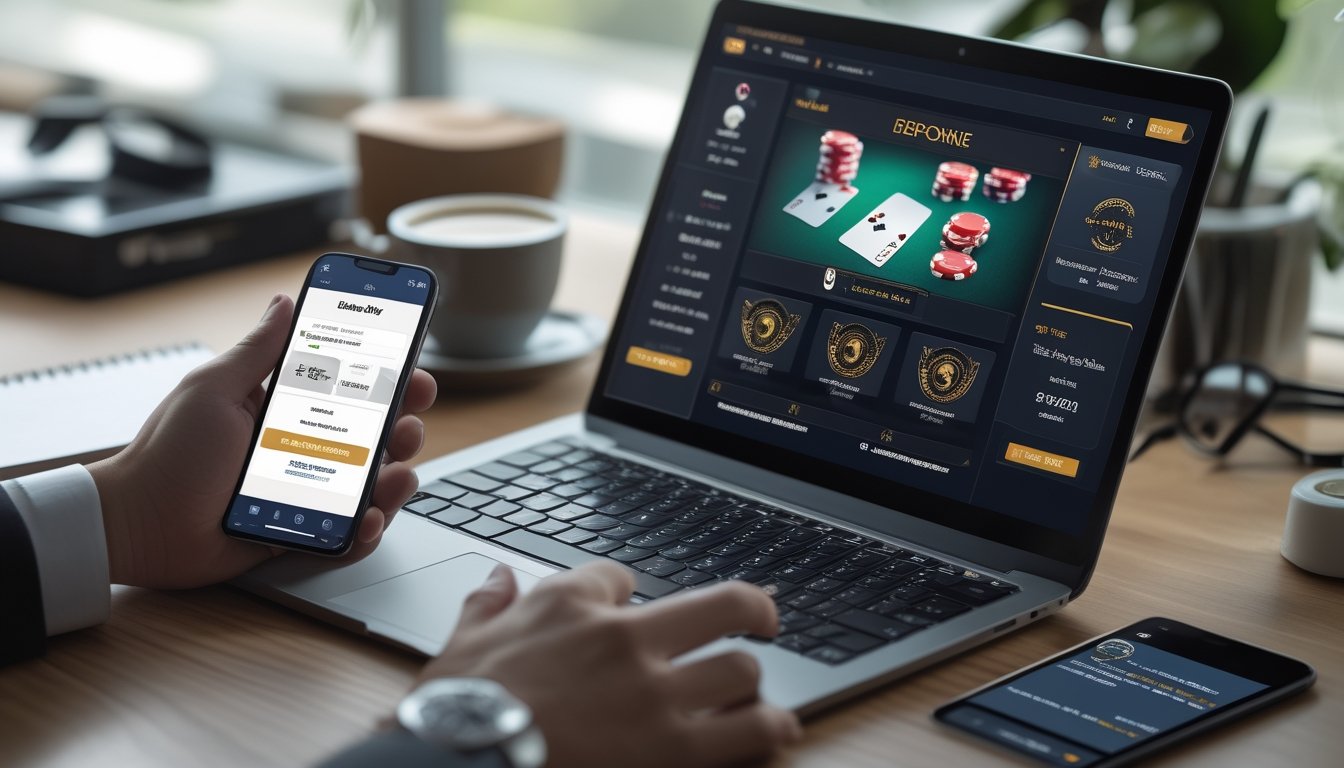 Seorang pemain poker online menggunakan laptop dan smartphone di meja kerja dengan suasana tenang dan alat tulis di sekitarnya.