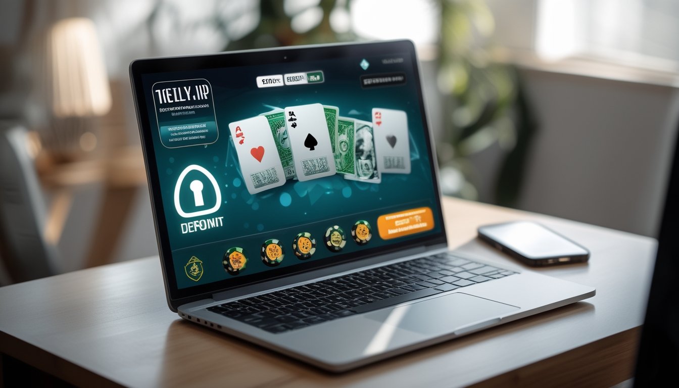 Seorang pengguna sedang bermain poker online di laptop dengan tampilan permainan dan ikon keamanan, di meja kayu dengan ponsel yang menunjukkan konfirmasi transaksi.