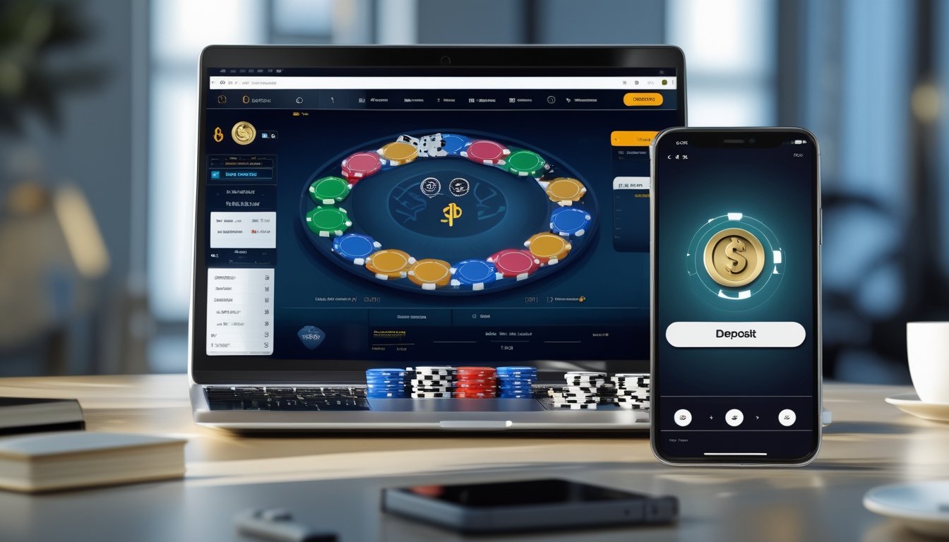 Seorang pengguna sedang bermain poker online di laptop dengan ponsel yang menampilkan aplikasi dompet digital di meja kerja.