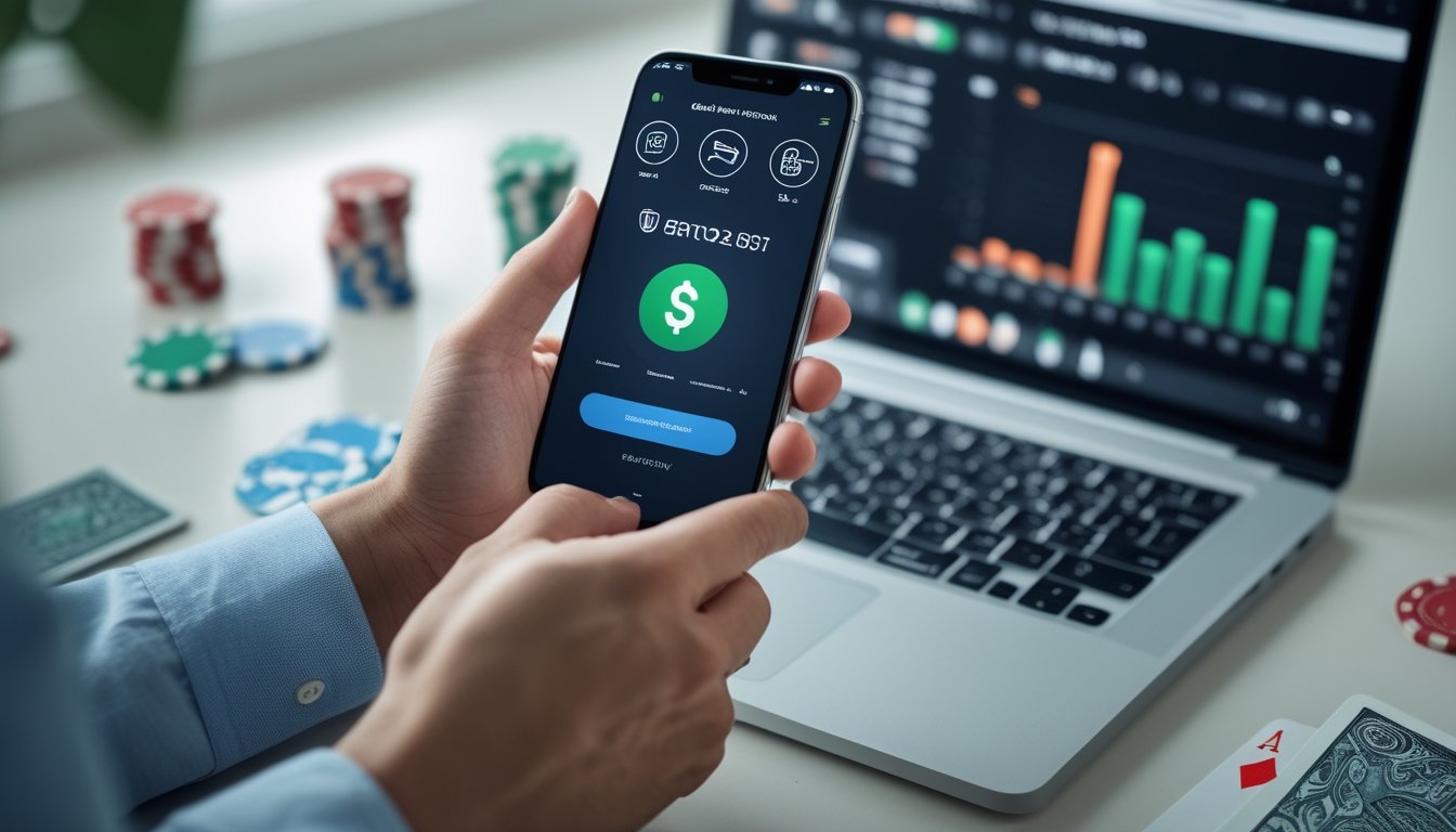 Tangan seseorang memegang ponsel dengan aplikasi pembayaran online, dikelilingi chip poker dan kartu, di atas meja kerja yang rapi.