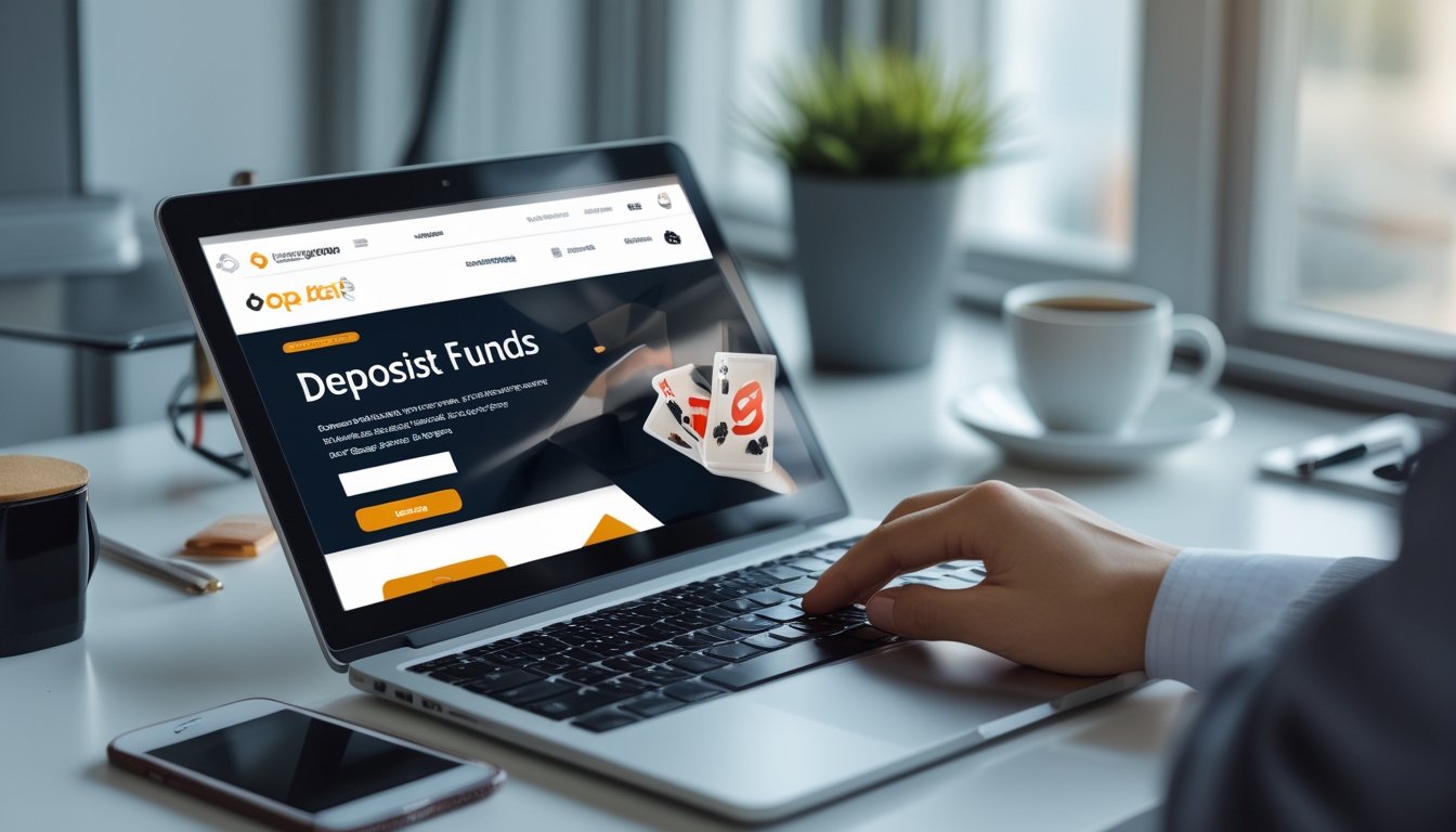 Seseorang menggunakan laptop di meja kerja untuk melakukan deposit dana di situs poker online.