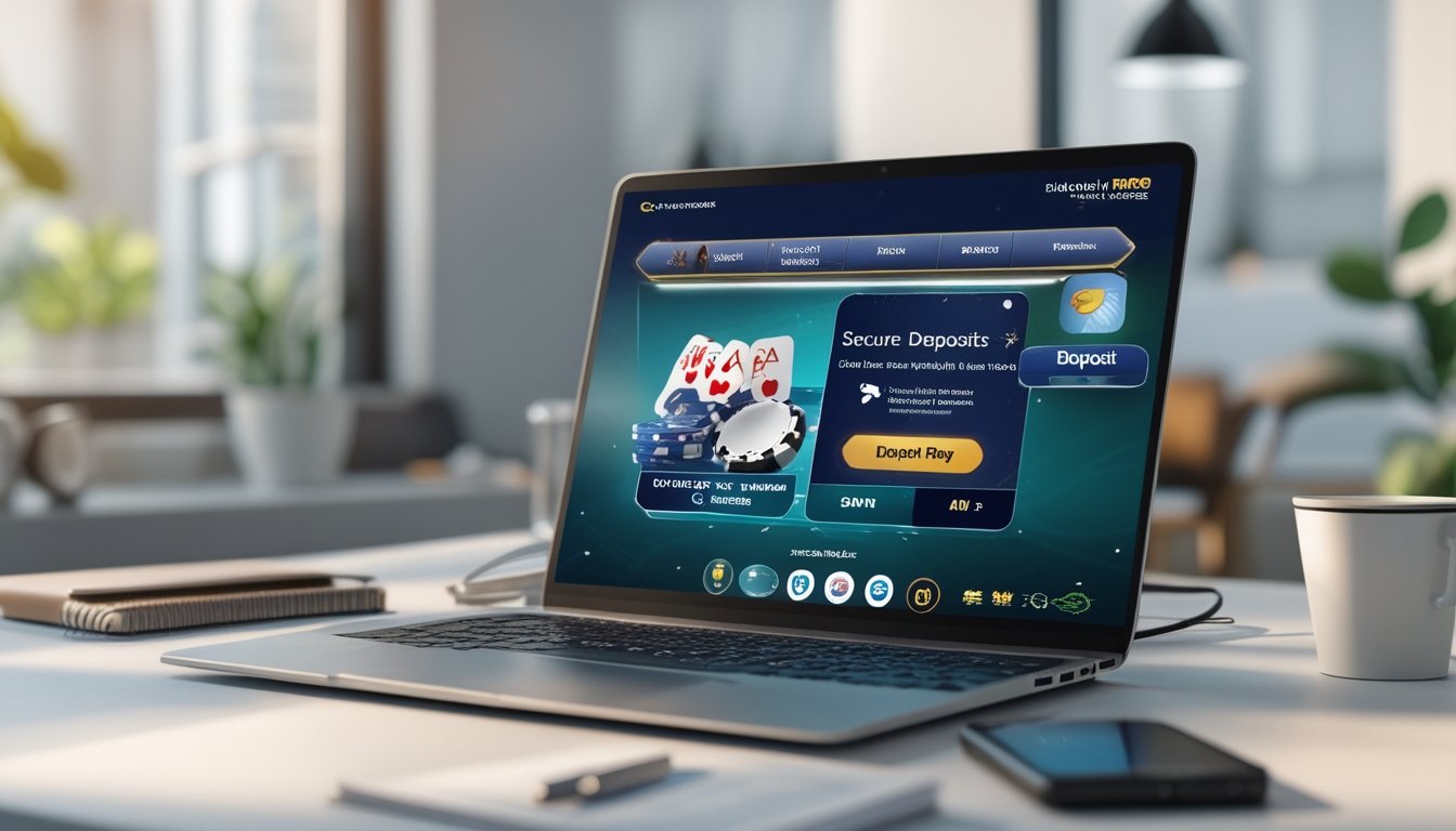 Seorang pengguna sedang bermain poker online di laptop dengan ponsel di samping yang menampilkan aplikasi pembayaran digital di meja kerja yang rapi.