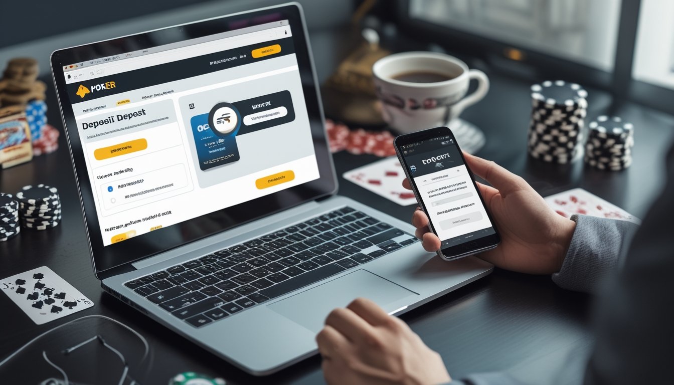 Seseorang menggunakan laptop dan ponsel di meja kerja dengan chip poker dan kartu bermain di sekitar, menunjukkan aktivitas pendaftaran dan deposit poker online.