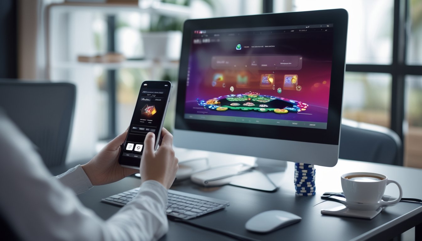 Seseorang menggunakan ponsel dan laptop di meja kerja dengan permainan poker online di layar komputer.