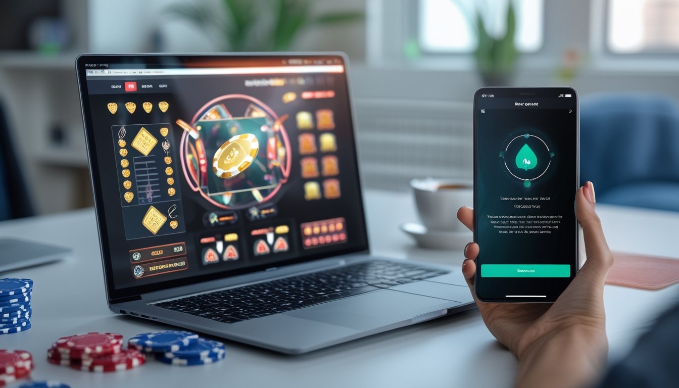 Seorang pengguna sedang melakukan deposit Dana melalui smartphone di samping laptop yang menampilkan permainan poker online.