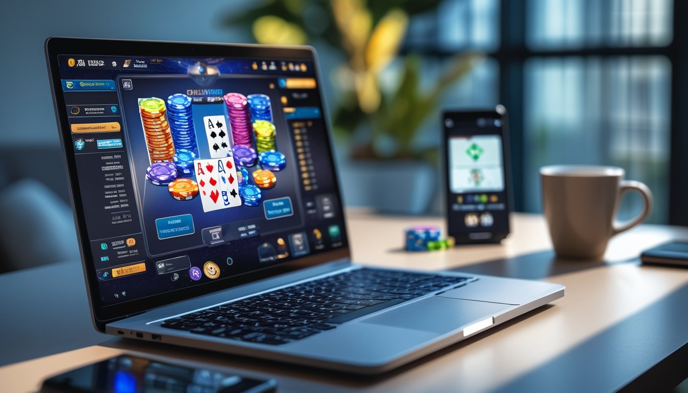 Seorang pemain poker online menggunakan laptop dengan kartu dan chip poker di layar, di meja kerja dengan ponsel dan cangkir kopi.