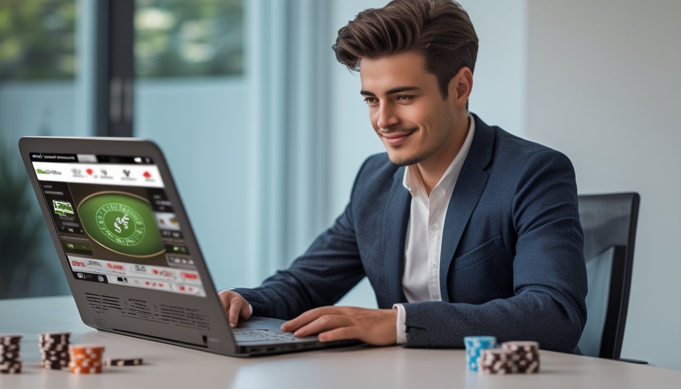 Seorang dewasa muda duduk di depan laptop dengan tampilan permainan poker online, di meja terdapat kartu remi, chip poker, dan smartphone.