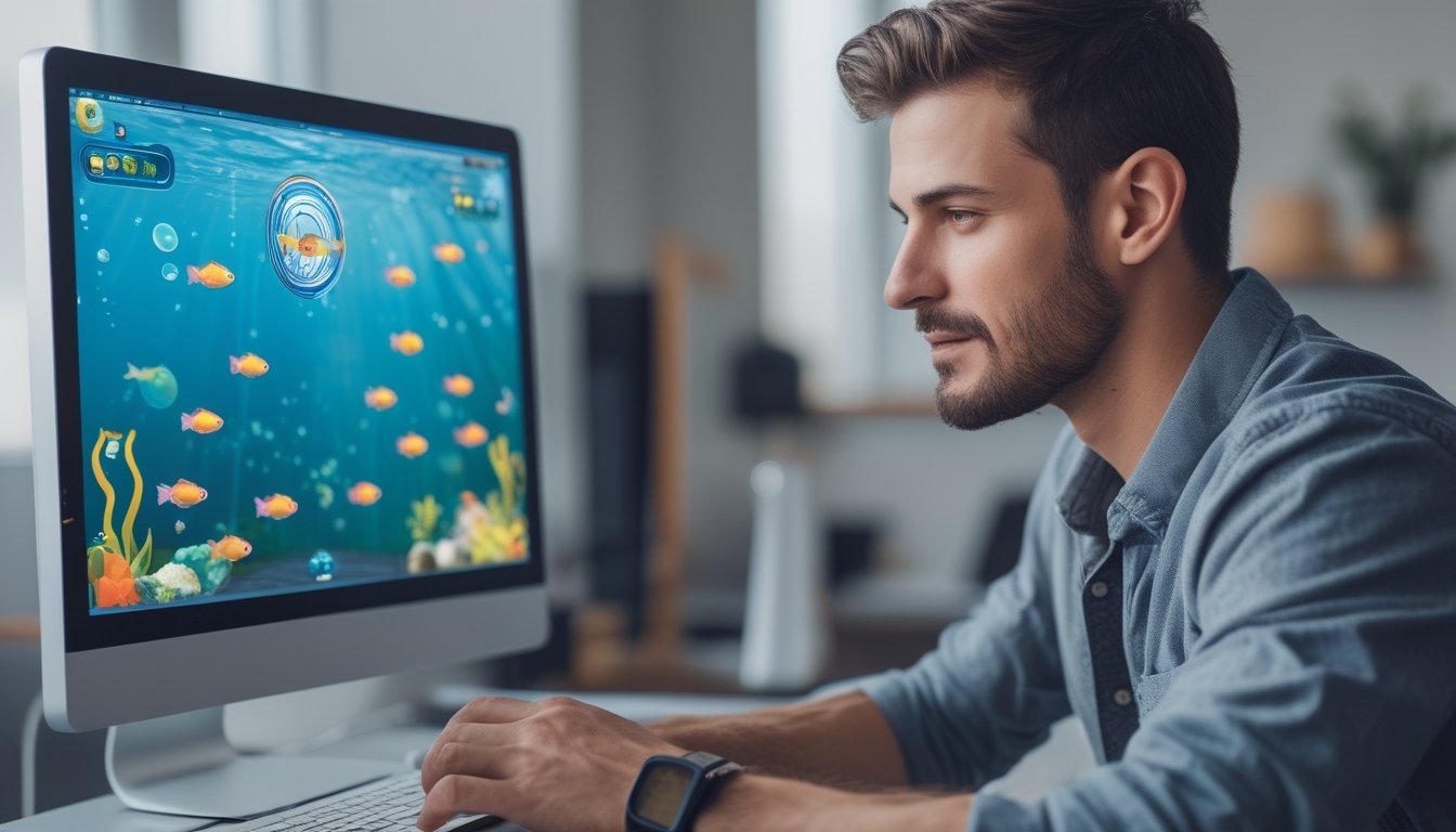 Seorang pria sedang bermain game tembak ikan online di komputer dengan ekspresi fokus di meja modern.