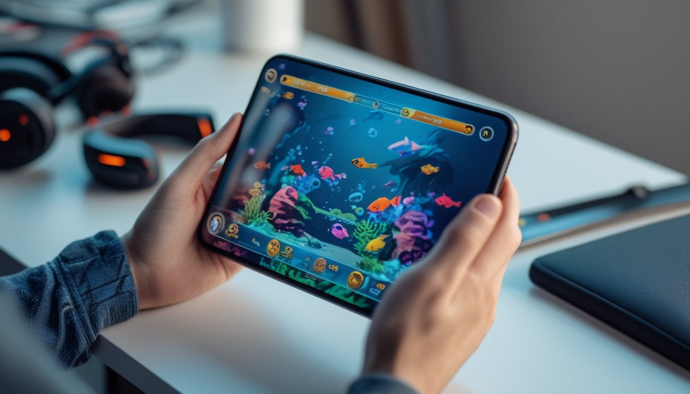 Tangan seseorang memegang smartphone yang menampilkan permainan tembak ikan dengan latar belakang meja dan aksesori game.
