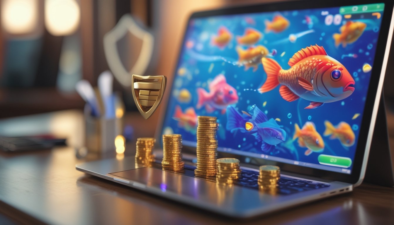 Layar perangkat digital menampilkan permainan ikan berwarna-warni dengan simbol taruhan kecil dan elemen keamanan di sekitar.