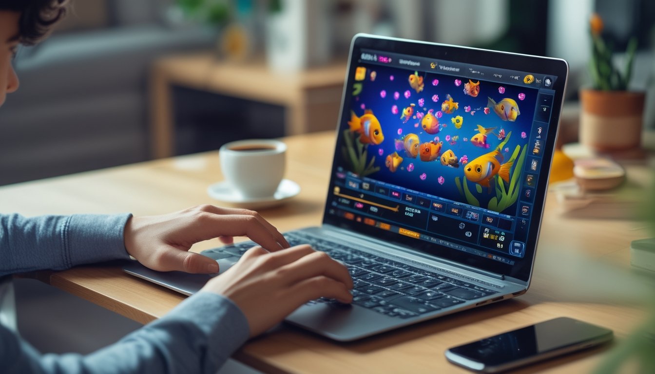 Seorang dewasa muda sedang bermain permainan judi tembak ikan di laptop dengan suasana ruangan yang terang dan nyaman.