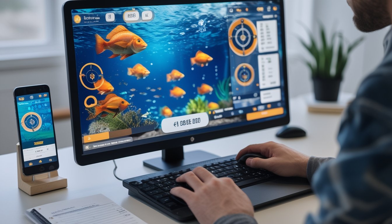 Seorang pemain sedang bermain permainan tembak ikan online di komputer dengan layar menampilkan ikan berwarna-warni dan target di bawah air.