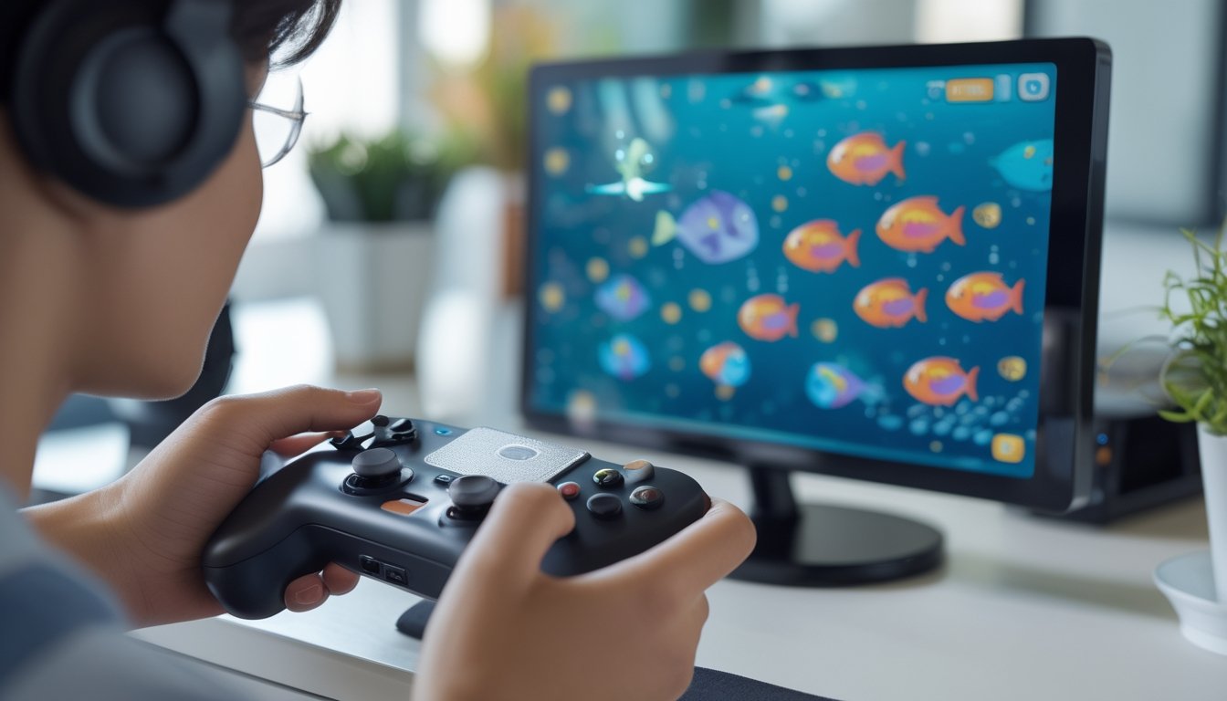 Seorang pemain sedang fokus bermain permainan tembak ikan di layar digital dengan gambar ikan berwarna-warni dan elemen bawah laut.